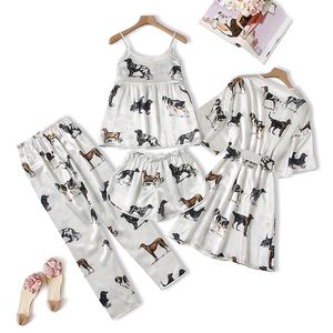 Da donna in raso di <span class=keywords><strong>seta</strong></span> quattro pezzi Sexy stampato <span class=keywords><strong>pigiama</strong></span> a manica lunga <span class=keywords><strong>pigiama</strong></span> <span class=keywords><strong>pigiama</strong></span> da notte da donna Set pigiami 4 PJ - Product Image 2