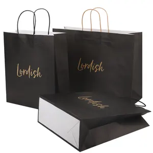 Gold foil hot stamp finished black paper gift bag with custom logo