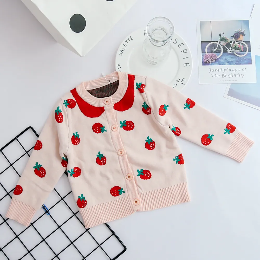 Anak Perempuan Cardigan Sweater Pakaian Strawberry Pakaian Rajut Leher O Katun Merah Muda Sweater Anak Merenda Merajut Sweater untuk Anak
