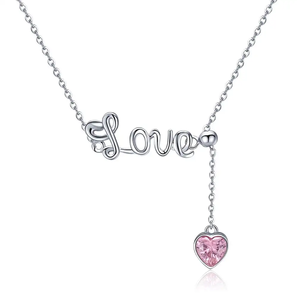 European Sterling Silver Letter Love PendantとPink CZ Heart Y Chain Necklace