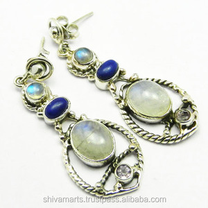 ต่างหูเงินสเตอร์ลิง925ทึบแบบวินเทจสีรุ้งมูนสโตนพลอยหลายเม็ดสีมรกตเจียระไนเพชรชุบทองสำหรับเป็นของขวัญ - Product Image 2