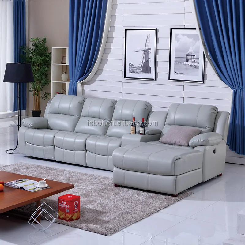 L Shapoe Set Sofa Malas, Kursi Bioskop Bahan Kulit Asli untuk Ruang Tamu Sofa dengan Kursi Panjang