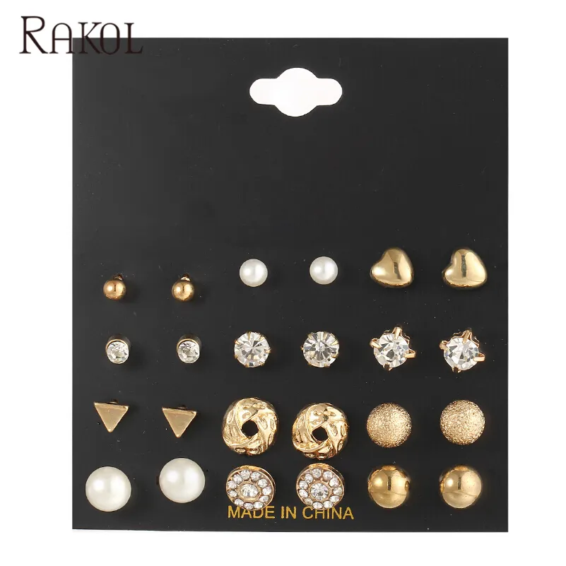 RAKOL 12 Pairs ساحة أقراط الكريستال الأزياء والمجوهرات مطلية بالذهب مربط Brincos طقم من الحلقان SE007