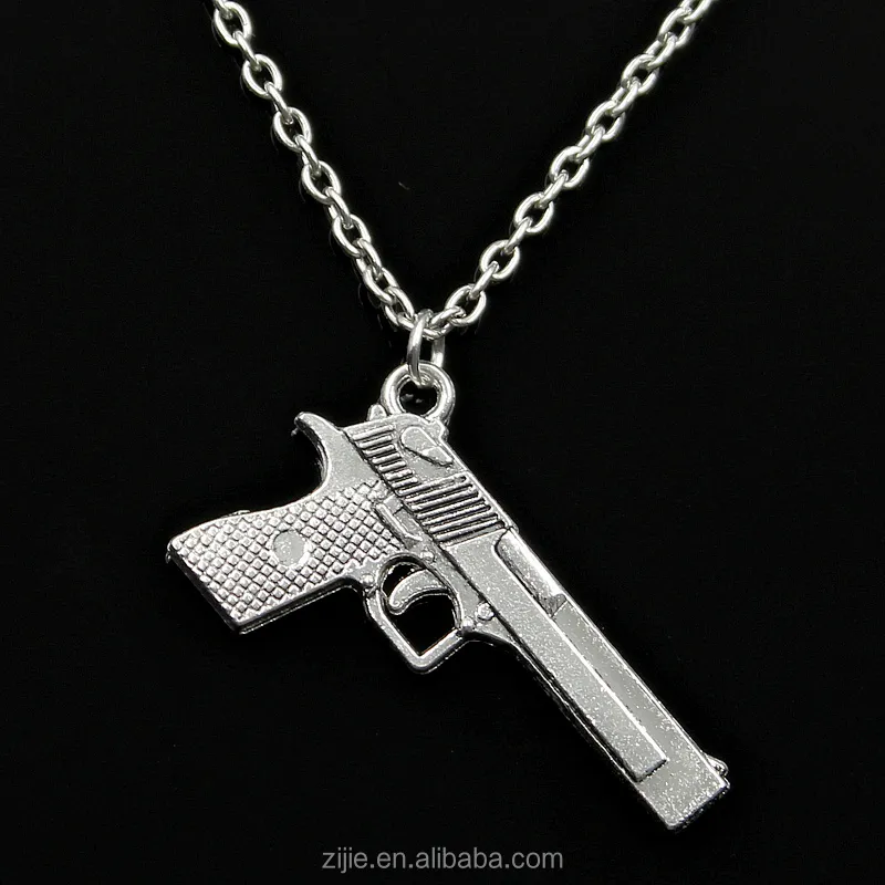 2017 cool design gun browning pistol pendant necklace silver alloy cross chain necklace for men