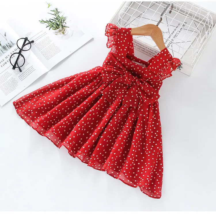 2019 Mới Nhất Mới Thời Trang Phổ Biến Cánh Cung Lớn Voan Trắng Sóng Dots Spaghetti Dây Đeo Màu Đỏ Trẻ Em Cô Gái Ăn Mặc Giản Dị 3 Đến 5 Năm