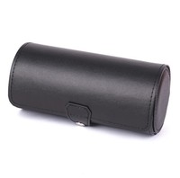 Vente en gros Boîte de présentation de montre ronde à 3 fentes de luxe Mallette de rangement en cuir brun noir avec bouton d'oreiller Emballage de boîtier de montre de luxe