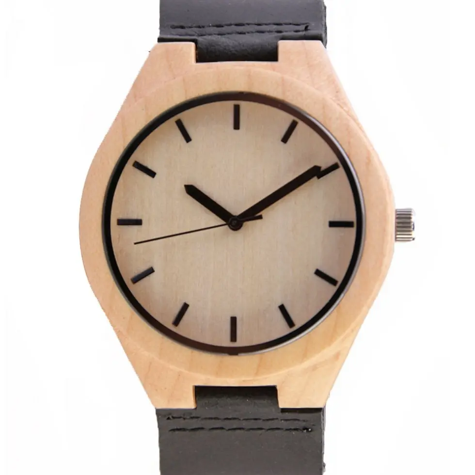 Cheap Wood Wrist Watch Factory Wholesale Black Leather Quartz Watch for Ladies and Gentleman