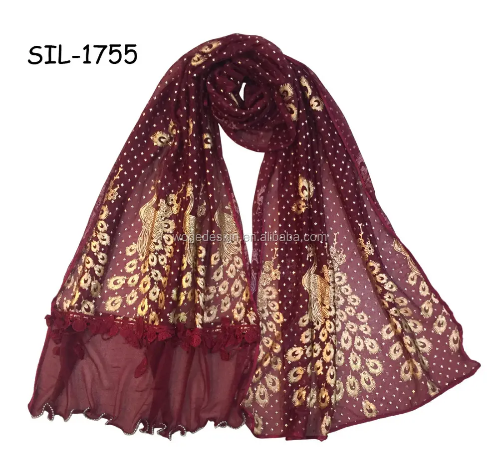 Fashion manufacturer new style malaysia islam muffler wraps shawls jewelry beads peacock accessories womens lace hijab scarf