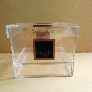 Custom hight quality gold foil hot stamping logo clear acrylic single rose/flower box holder with lid
