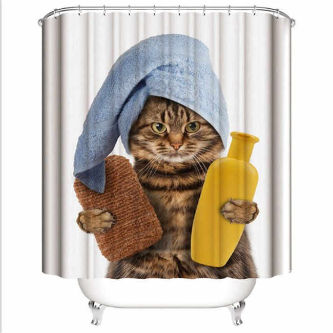 Cute Cat 3D Printed Shower Curtain Waterproof Polyester Fabric Bath Curtain for Bathroom Curtain Decor With 12 Hooks