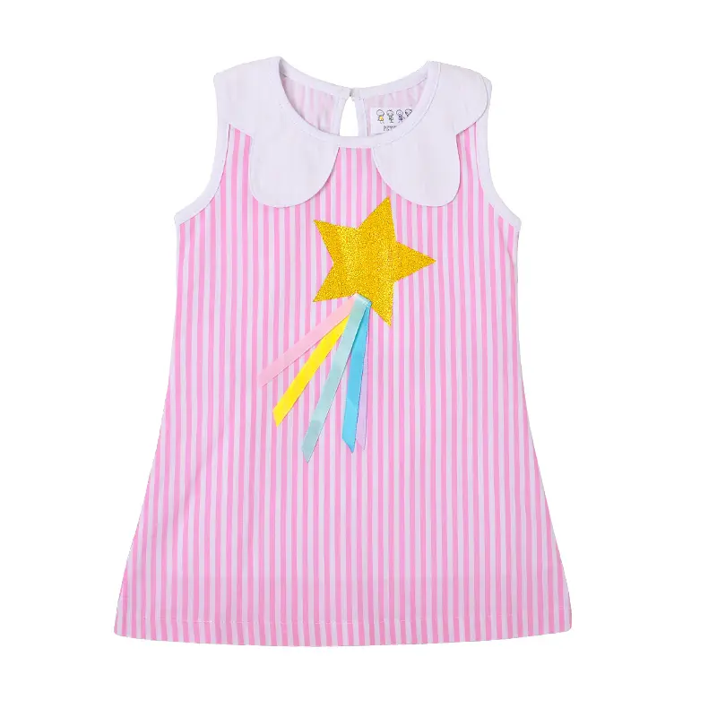 Star Kids Boutique Kleidung Middle Calf Baby Girl Kleid Goldst reifen Kinder Spitze Medium Ärmelloser Druck Midi Pink 100% Baumwolle