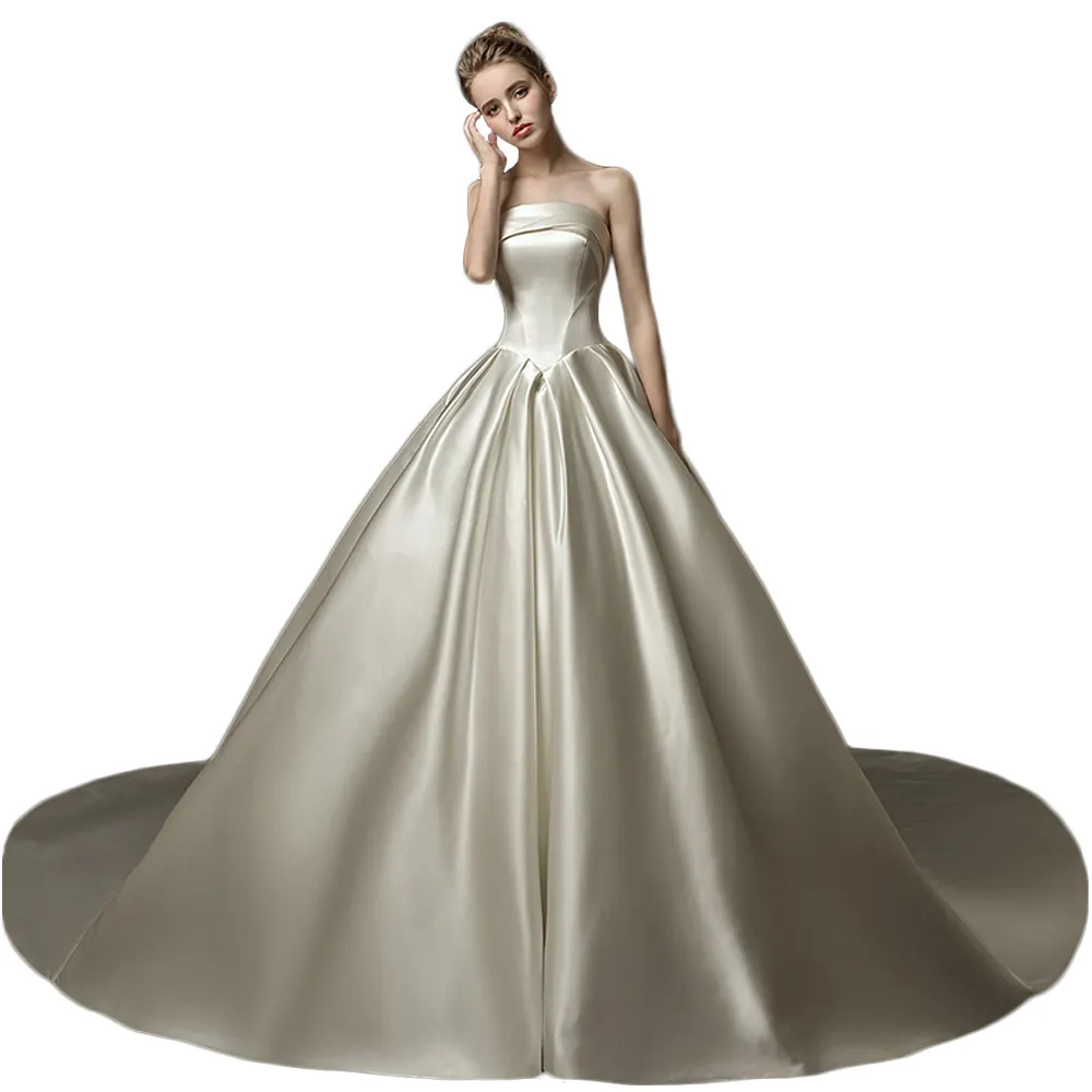 Simple white satin bridal gowns ball gown long train wedding dress