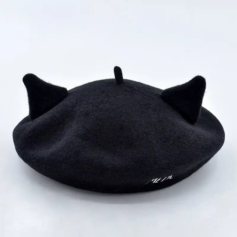 Bonito orelhas de gato de inverno, lã preta em feltro, venda quente, beret personalizado