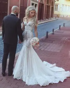 2020 Tùy Chỉnh Thiết Kế Xếp Li Ren Appliques Bridal Gown Tắt Shoulder Backless Sweep Train Mermaid Wedding Dress Vestido De Novia