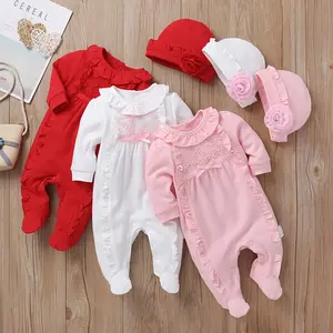 2019 cheap spring autumn fashion beautiful lovely ruffled lace bow long sleeves girl baby clothes with flower hat