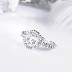 Venta al por mayor de plata de cristal de moda de diamante inicial alfabeto inglés letra G H R S Y anillo de boda