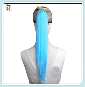 Queue de cheval synthétique longue et lisse, couleur bleu ciel, bon marché, avec cordon de serrage, HPC-1421 - Product Image 2