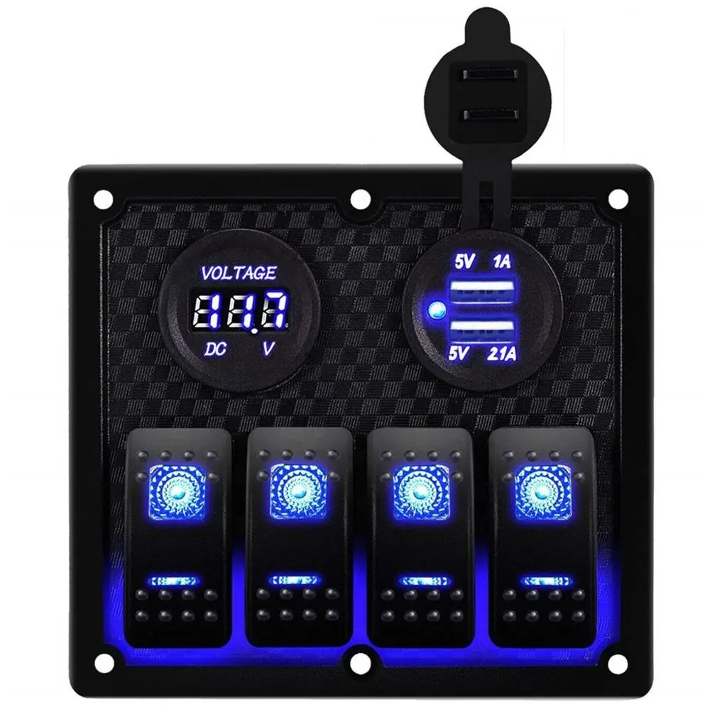 12v 4 gang rocker switch +3.1A dual usb charger +voltmeter switch panel