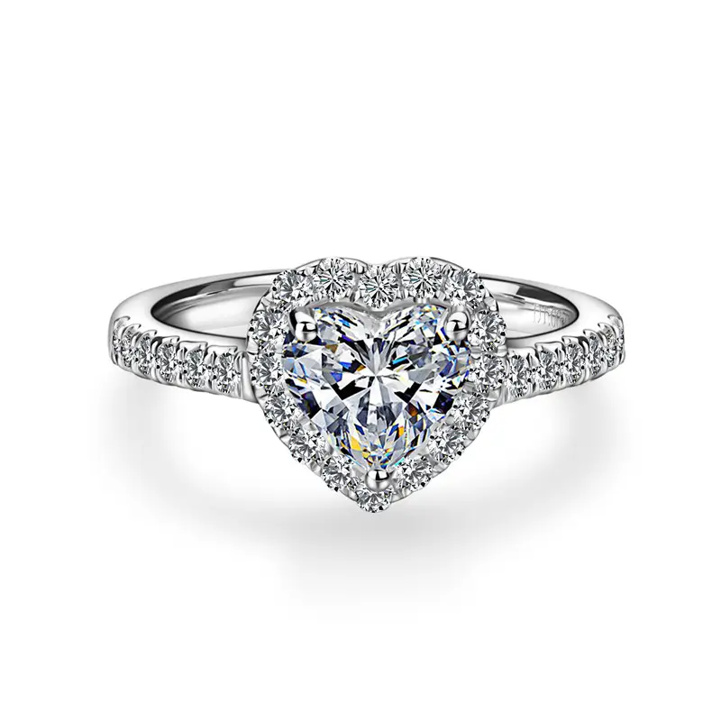 18K DEF Ouro Branco Moissanite Casamento Anel de Noivado Coração Brilhante Fine Jewelry