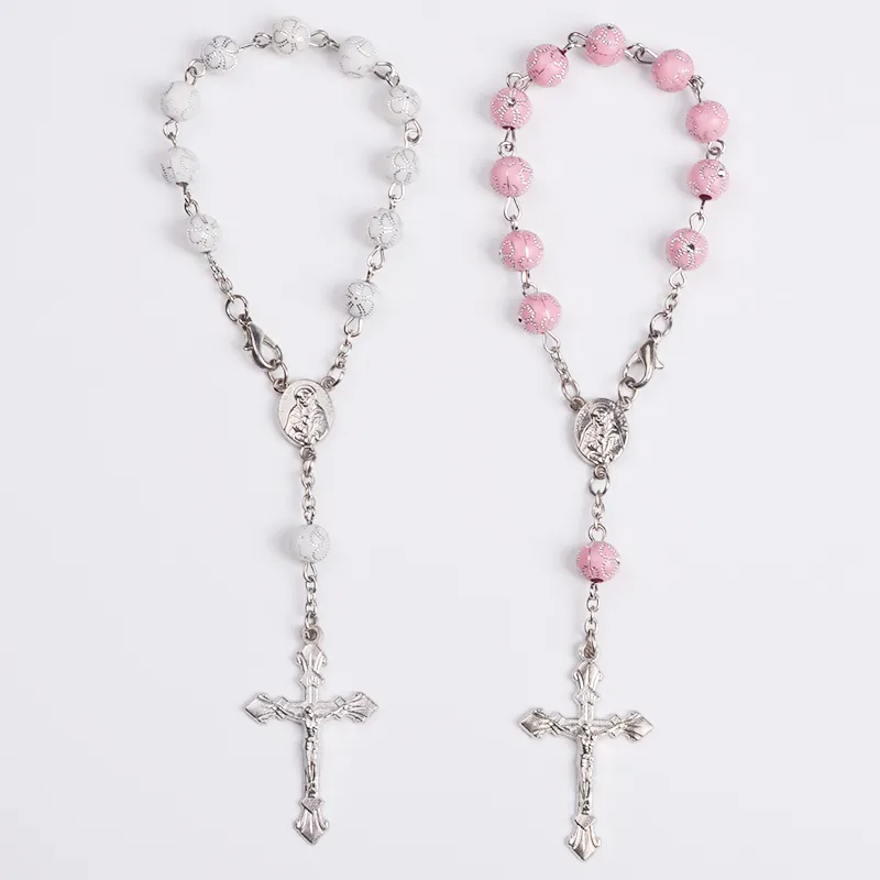 Wholesale Car Hanging Bracelet Catholic 8 mm Acrylic Beaded Alloy Chain with Guadalupe Cross of Rosary