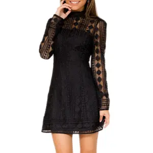 Women Beautiful Lace Mesh Long Sleeve Fully Lined Black Short Dresses