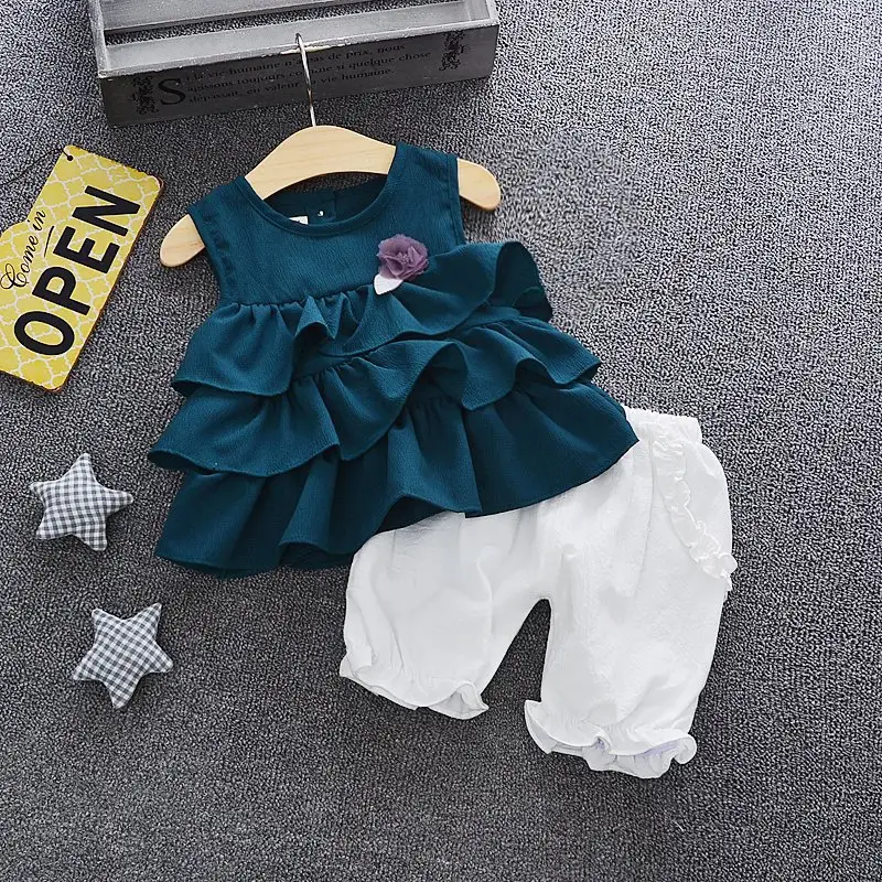 2019 hot selling factory high quality summer cheap sleeveless lace chiffon new born baby clothes sets for girl