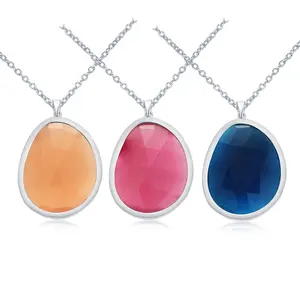 Latest Design 925 Sterling Silver Big Stone Blue Red Single Glass Shape Necklace Jewelry