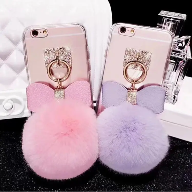 DIY Cute Fur Ball Cell Phone Case for iPhone Xs Max Xr 8 Plus ,Girl Protective Bow Case for Apple iPhone 7 13 Pro Max 12 Pro Max