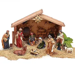 Casa igreja decoração antiga resina manger estatueta decorativa conjunto de natal