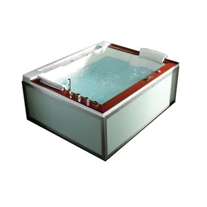 two persons acrylic whirlpool bathtub with glass skirt and natural wooden panel
