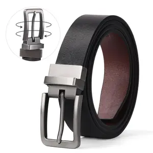 Cinturón Reversible de cuero genuino para hombre y mujer, hebilla giratoria de doble cara, negro y marrón
