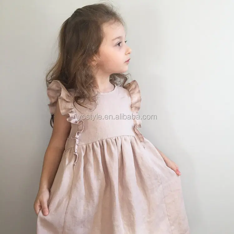 Roupas de vestido de linho para bebês, roupas feitas à mão frilly mangas de roupa orgânica para bebê menina