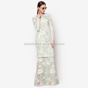 Latest Design Malaysia Wholesale Pleated Long Skirt Embroidery Baju Kurung Moden Lace Baju Kurung Wholesale In Guangdong