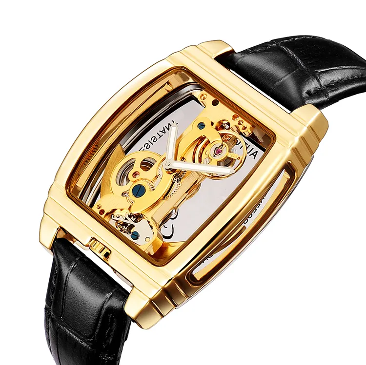 SHENHUA 9870 Men Automatic Mechanical Watches Fashion Leather Strap Sport Watch Bronze Skeleton Wristwatch