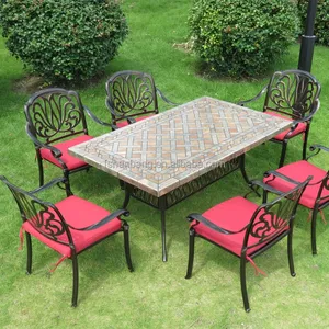 Outdoor Garden Patio Terrace Deck Furniture Set Square Round Marble Mosaic Table Top with Wrought Iron Legs