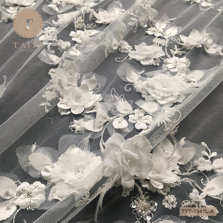 Luxury Embroidery Bridal Lace Fabric Heavy Handmade Beads Lace French Tulle Mesh Lace Fabrics for Wedding