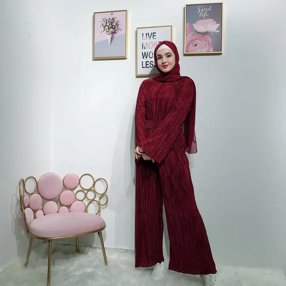 Toptan yüksek kalite fantezi pilili islam giyim kadın abayas tulumlar müslüman