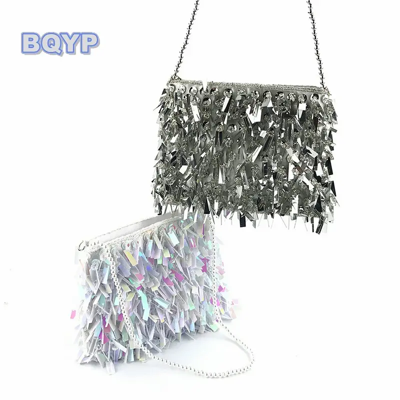 Glitter shiny evening bag clutch handmade beading shoulder handbag