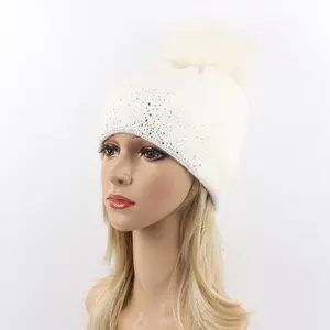 Women 울 Beanie 라쿤 퍼 워커를 퍼 다란 폼폼 Hat Knit 캐시미어 Hat 와 스톤은 Winter 캡 대 한 Women