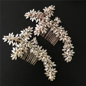 Wedding elegant silver light gold rose gold leaves natural freshwater pearl vintage hair combs best bridal hair jewelry