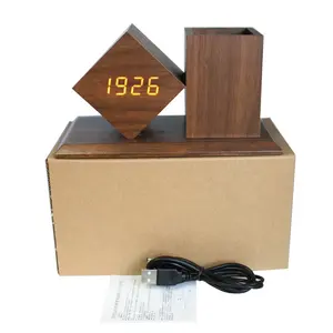 USB Rechargeable Voice Control <strong>Bedside</strong> Nightlight Wooden Pen Holder LED Alarm <strong>Clock</strong> - Product Image 1