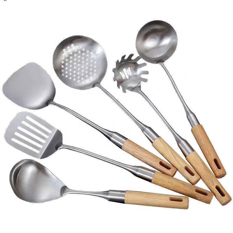 Utensílio de cozinha conjunto de 6 peças, utensílios de cozinha premium com cabo de madeira, garfo de massas, concha de sopa, turner