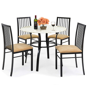 Round Marble Top <strong>Dining</strong> Table <strong>Set</strong> for Restaurant Furniture, 4 Padded Chairs with Black Metal Frame for Cafe and Bistro - Product Image 1