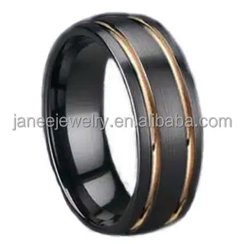 China Wholesale Jewelry 8mm Domed Black Arabic Women Men Tungsten Wedding Rings with Rose Gold Stripes