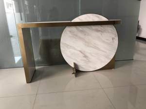 Luxury White <strong>Round</strong> Marble Golden Edge <strong>Console</strong> <strong>Table</strong> with Mirror - Product Image 3