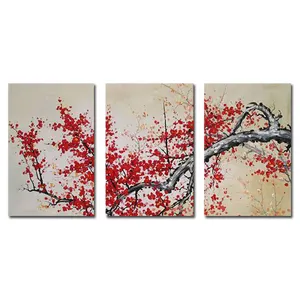 漂亮的现代梅花抽象艺术绘画的 triptych 油花