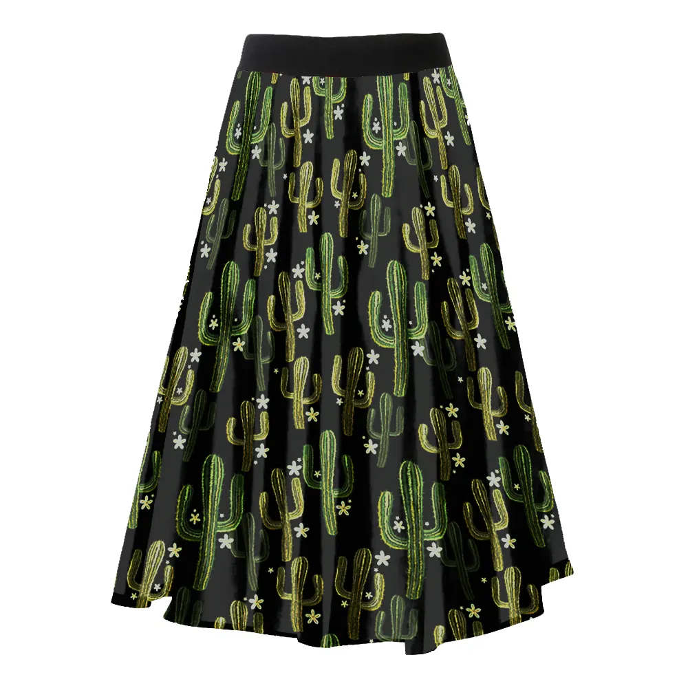 1950s מעגל חצאית ברך אורך נדנדה חצאית חידוש קקטוס הדפסת ריקוד מלא חצאית