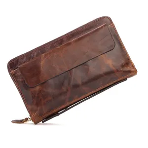 Erkek lüks deri el çantası büyük kapasiteli eski hakiki inek deri uzun cep telefonu cüzdan