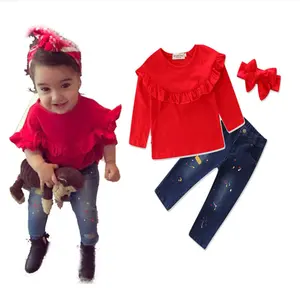 WHS57 Baby Clothes Autumn Girls Clothing Set with Headwear Kids Cotton Boutique Red Long Sleeve Tops Jeans Girls Outfit