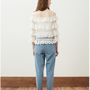 Delle donne di modo 3/4 halter manica <span class=keywords><strong>camicetta</strong></span> di pizzo, della signora off-spalla <span class=keywords><strong>camicetta</strong></span> di pizzo, commercio all'ingrosso top di pizzo casuale per la signora - Product Image 2